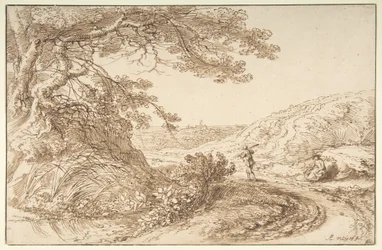 Landschaft mit alten Bäumen und Figuren